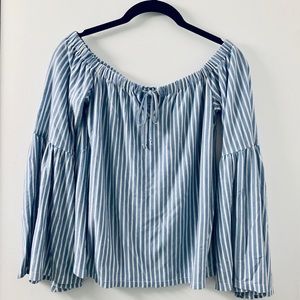 American Eagle off the shoulder pinstripe blue top